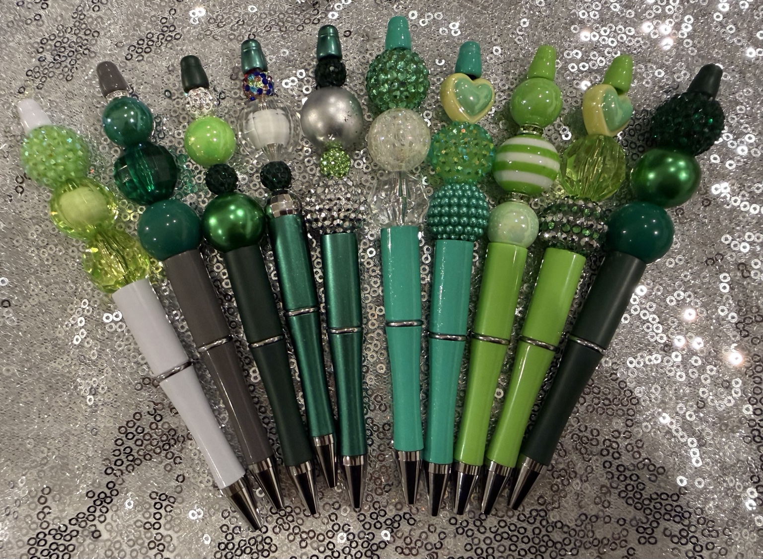 Complete collection of green and emerald handmade beaded pens